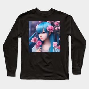 Beaux Animes Art  Manga Anime Girl with blue hair and roses everywhere Design Long Sleeve T-Shirt